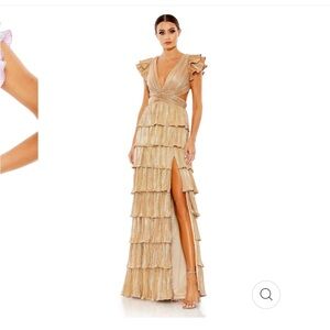 Ieena for Mac Duggal RUFFLE TIERED CRISS CROSS LACE UP GOWN
Size 6 - gold